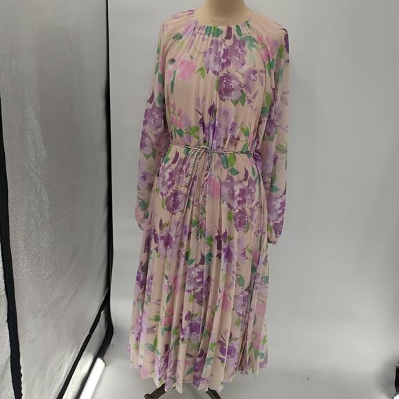 MNG Mango Textured Dress Tie Up Neckline Puff Sleeve Maxi Floral Multicolor - Picture 1 of 16